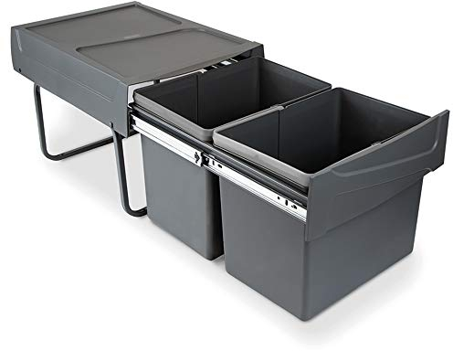 Emuca - Küchenabfalleimer mit unterseitiger Befestigung, 2 ausziehbarer 15 L Recycle-Mülleimer, Gesamtkapazität 30 L (2 x 15 L), Stahl und Kunststoff, Anthrazitgrau.