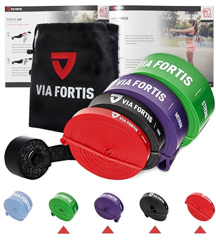 VIA FORTIS Premium Resistance Bands + Übungsanleitung und Tasche - Widerstandsbänder/Klimmzugband und Klimmzughilfe/Trainings-Bänder für Fitness & Krafttraining