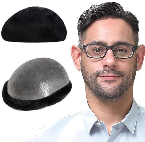 Lordhair - Protesis capilar para hombre, cabello humano natural, 0,08 mm, frente rayita 1/2 pulgadas, V-looped, talla superfina, 20 x 25 cm, sistema de reemplazo de pelo