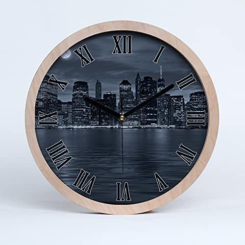 Tulup Holzuhr Wanduhr ⌀ 20cm Uhr Holz Stille Uhren Modern Runde Dekoration Schwarze Uhrzeiger - New York Nacht