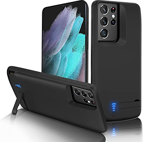Gladgogo Akku Hülle für Samsung Galaxy S21 Ultra(5000mAh 6.8Zoll), Akkuhülle mit Ständer und hoher Kapazität,Schnellladbarer Akku mit USB-C, Tragbares Batterieladegerät Hülle Ladehülle Akku, Schwarz