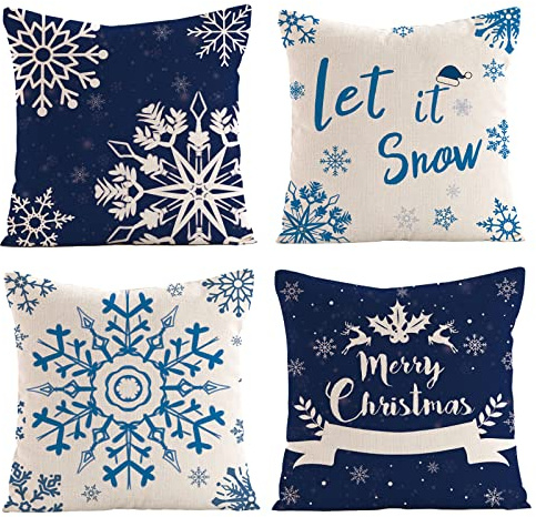 OCEUMACO Leinen Kissenbezug 40x40 Dunkelblau Weihnachten Kissenhülle 4er Set Quadratisch Dekokissen Sofakissen Bezug für Couch Schneeflocke Weihnachtsdeko Kissen Kissenbezüge Deko Zierkissen