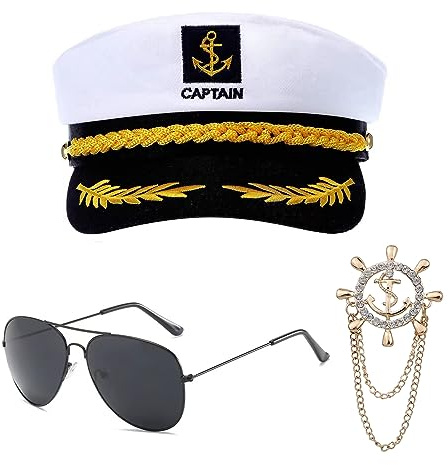 KALUROIL Cappello da Marinaio,3 PCS Cappelli da Capitano con Accessori per Feste in Stile Nautico - Occhiali da Sole, Distintivo e Prop da Capitano