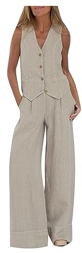 NUSGEAR Conjunto Dos Piezas Mujer Casual Algodon Lino Camiseta sin manga y Pantalones Chaleco otoño Primavera Deportivo Suelto Traje Pijama Cómodo Conjunto Casa Moda Color sólido Chandal ligera 2024