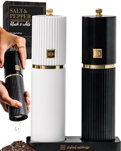 Styled Settings Wooden Salt and Pepper Grinder Set, Black/White | Refillable Manual Salt and Pepper Mills, Gold Detailing, and Wood Stand