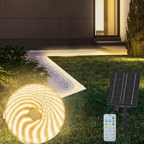 CCILAND 10 m soldrivna LED-lysrör utomhus, IP68 vattentät ljusremsa med 8 lägen fjärrkontroll, dimbar, flexibel ärmremsa för trädgård, veranda, uteplats, lusthus, dekor – varmt vit