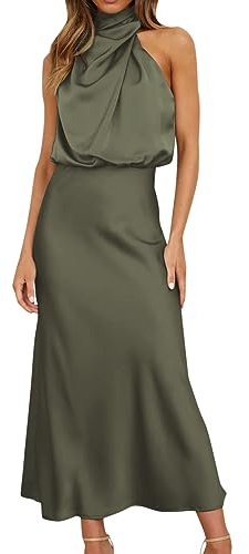 Damen Elegant Ärmellos Neckholder Satin Sommer Hochzeit Lang Abendkleider