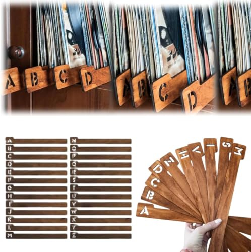 Schallplatten-Trennblätter, Holz-Schallplatten-Trennblätter, alphabetische Vinyl-Schallplatten-Aufbewahrungs-Trennblätter A-Z, 26 Schallplattenhalter, Organizer-Anleitungen, Schallplatten-Trenner,