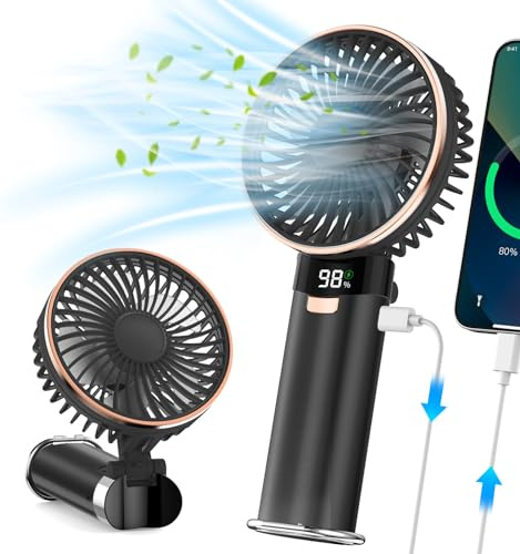 Portable Handheld Fan, 4 in 1 5200mAh USB Rechargeable Foldable Personal Hand Held Fan with Metal Handle, Power Bank, LED Display, 6 Speeds for Travel/Summer/Concerts/Lash, Gifts for Men Women