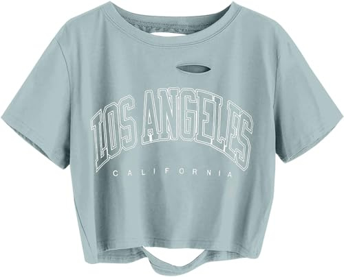 Sofia's Choice Damen Crop Top T Shirt Kurzarm mit Buchstaben Bauchfrei Oberteil Ripped Tee Grün XL