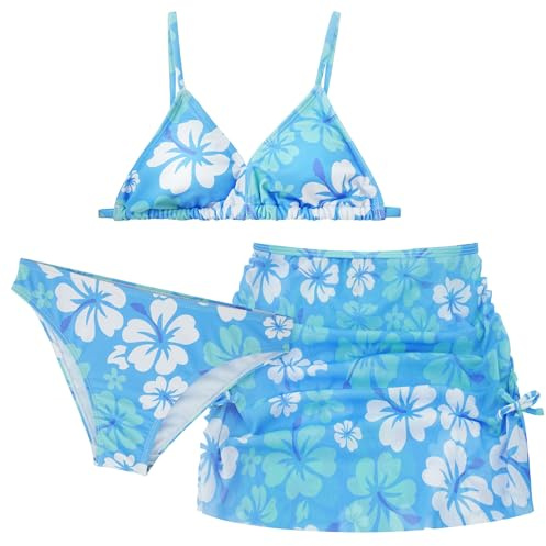 FEOYA Bikini 3 pezzi Costume da bagno da bambina con fiori o foglie, gonna estiva da spiaggia, costume da bagno, costume da bagno elasticizzato, asciugatura rapida, 140 150 160 170, Azzurro, 10-11