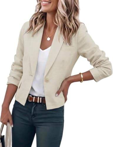 IDEALSANXUN Blazer Corto para Mujer, Casual, Ligero, de algodón y Lino, Beige, M