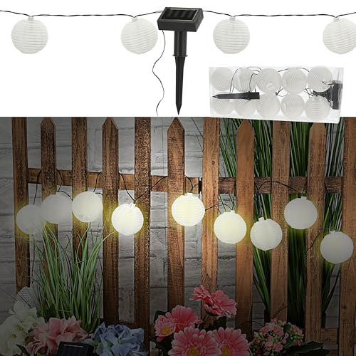 Cepewa Guirlande solaire à LED - Avec 10 lampions - Diamètre : 7 cm - 185 cm - En plastique polyester - 10 LED blanc chaud - Guirlande lumineuse à suspendre (1 guirlande lumineuse)