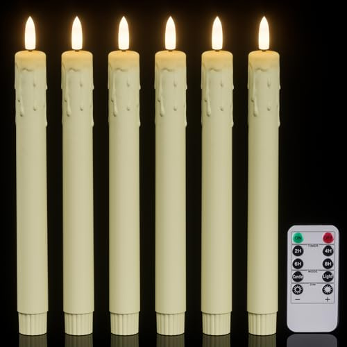 Eldnacele LED Stabkerzen mit Fernbedienung und Timer, 6er Set in Elfenbein | Elektrische Tafelkerzen, Kunststoff, Tropfwachs-Optik, dimmbar, flackernd, batteriebetrieben, ca. 24,5 cm, Weihnachtsdeko