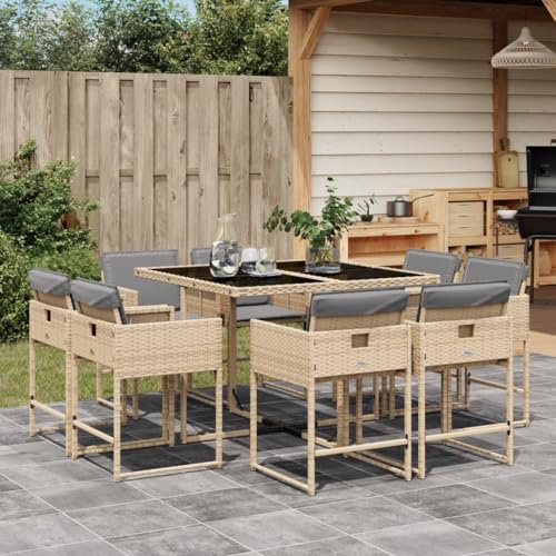 Somanki 9-TLG. Garten-Essgruppe mit Kissen Beigemischung Poly Rattan, Esstisch Mit Stühlen Set, Gartenmöbel Sitzgruppe, Balkon Möbel, Gartenlounge Set, Terrassenmöbel, Balkonmöbel Set - 3278147