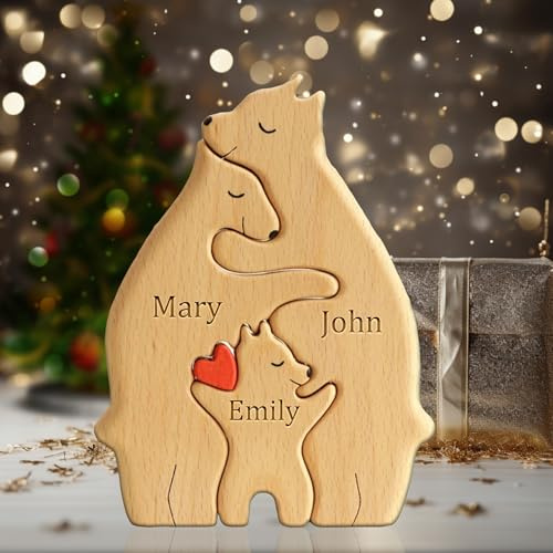 Custom Wooden Bear Puzzle - Personalised Engraved Family Name Gift for 2-8 Last Names | Mother's Day, Father's Day, Christmas & Housewarming Present (Style 9)