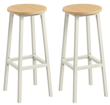 VASAGLE Set di 2 Sgabelli da Bar, Sedie da Cucina, Struttura in Metallo, Montaggio Facile, Alto 74 cm, con Poggiapiedi, per Cucina, Soggiorno, Sala da Pranzo, Rovere Dorato e Bianco LBC132Y01