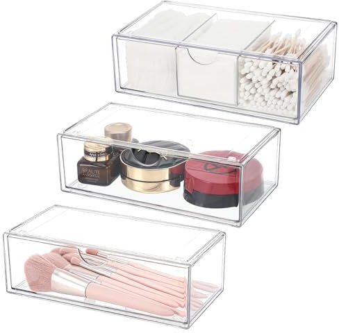 Pavlleen 3 Stück Kosmetik-Organizer-Schubladen,Badezimmer Organizer Mini mit Schubladen.Stapelbare Transparenter Acryl-Make-up-Organizer,für Waschtisch, Badezimmer, Schlafzimmer,Schreibtisch
