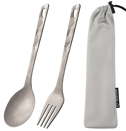 Thous Winds Fork and Spoon Set, Titanium Utensils, Ultralight Portabale Reusable Flatware, for Outdoor Camping Backpacking Hiking Picnic Travel, with Storage Bag