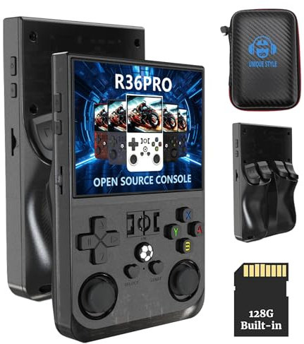 R36PRO Handheld Spiele Konsole, Neu Eingeführte 4000-mAh Retro Spielekonsole, Schnellere & Bessere Klangqualität, 3,5-Zoll-IPS-Bildschirm, 640 X 480 Open Source Game Player, Transparent Schwarz (64G)