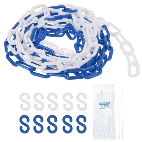 sourcing map Plastic Chain 50 FT/15.5 M, Safety Chain Blue White Plastic Chain Link Barrier with Zip Ties and S-Hooks for Crowd Control Queue Line Fence Decoration