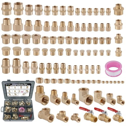 Ailbiuko 105PCS Brass Pipe Fittings Assortment Kit NPT Adapter,Reducer Bushing, Hex Nipple, Reducing Hex Coupling,90 Degree Street Elbow,Street Tee,Ball Valve,Hex Head Plugs,Socket Plug Fittings Kits