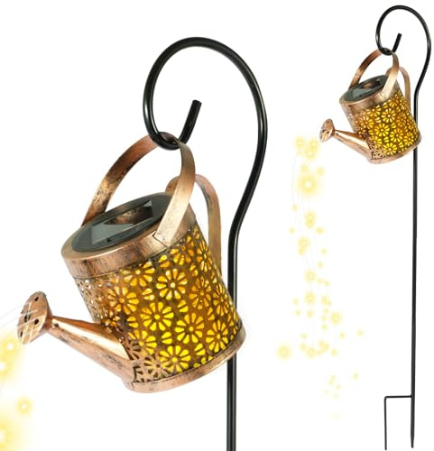 JEJUWE Solar Watering Can Lights Garden Ornaments Outdoor Light LED Water Can Light Waterproof Hollowed-Out Retro Metal Fairy Lights for Outdoor Wedding Party Decoration