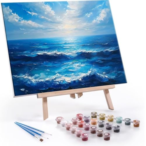 Pintar por Numeros Adultos, DIY Mar cielo azul Painting by Numbers Kits Cuadros por Numeros, Pintura de Bricolaje Sobre Lienzo con Pinceles Decoración para el Hogar Regalo 90x120cm sin marco A-602