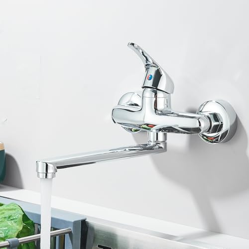 Rozin Wasserhahn Küche Wandmontage Küchenarmatur 23cm 360° Schwenkarm Kalt und Heiß Einhebelmischer Mischbatterie Küche Chrom