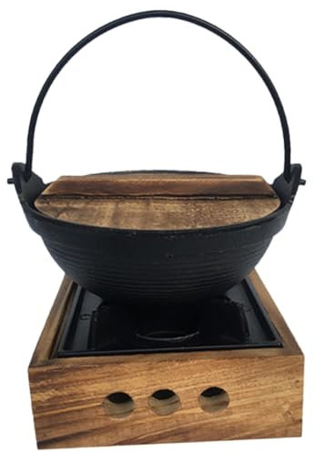 Holibanna Marmite Suspendue Fonte Japonaise Petit Modèle Avec Support En Bois, Casserole D'extérieur Résistante, Cuisson Au Feu De Bois Pour Shabu, Camping Et Repas Traditionnels