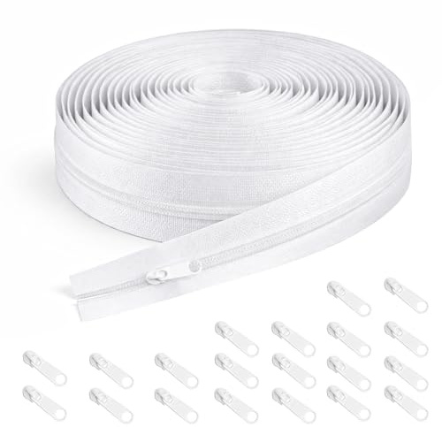 White Zips for Sewing, 10 Meter/10.9 Yards White Metal Coil Zipper by The Yards, Heavy Duty Replacement Endless Sewing Zippers for Repair DIY Craft Bags, with 20 Pulls Zipper Sliders
