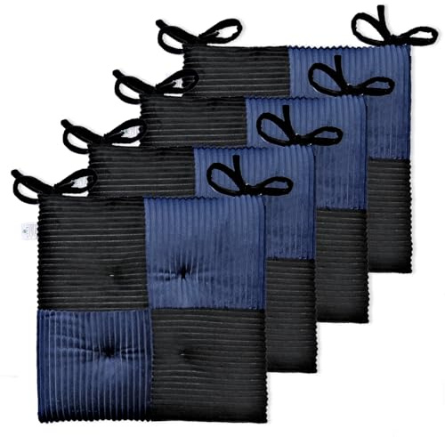 Zalvox Office Stacking Chair Cushions 4 Pack, Corduroy High Density Foam Kitchen Seat Cushions with Ties, Square 17 x 17 Indoor Non-Slip Dining Chair Pads, Black+ Navy，4pcs