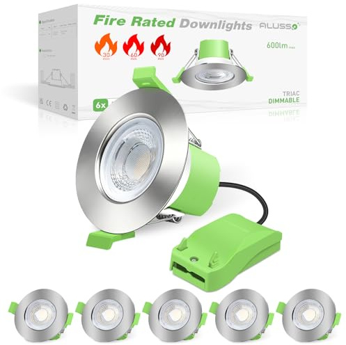 ALUSSO Fire Rated LED Downlights Bathroom IP65 Recessed Ceiling Spot Light | Integrated, 6W 600lm, 3CCT Colors Selectable 3000K/4000K/6500K Warm Cool White Daylight, Dimmable, Waterproof, Nickel 6 Pack