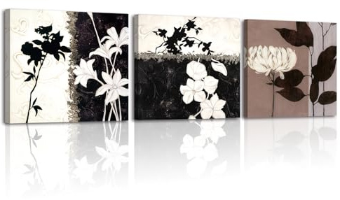 Piy Painting Set De 3 Pintura Lienzo Decoración Moderna Flor En Blanco y Negro Cuadros Decoracion Salon Minimalista Impresiones Sobre Lienzo Con Marco Quadros Decoração Pasillo Dormitorios 30×30cm