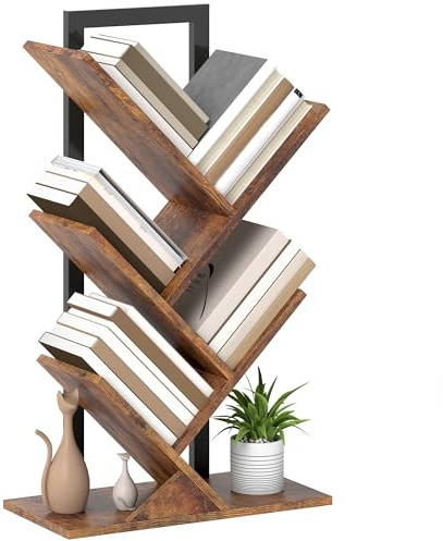 HOMCOM 5-Tier Tree Bookshelf, Industrial Free Standing Bookcase with Steel Frame, Display Storage Unit for CDs, DVDs, Albums, Living Room, Bedroom, Home Office, Study, Rustic Brown
