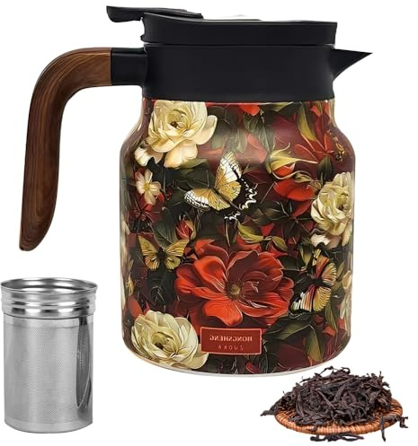 KBIBCK Tee-Thermoskanne mit Vintage-Blumenmuster, 1000 ml, Edelstahl-Karaffe, Teekanne mit Teesieb und Holzgriff, Edelstahl-Thermoskanne für Zuhause, Küche, Büro