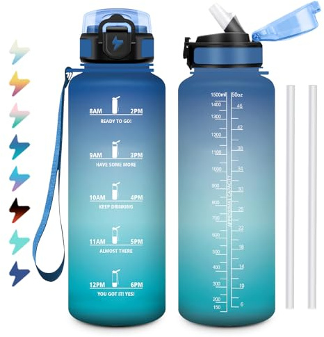 Borraccia Sportiva 1,5L, a Prova di Perdite, Facile da Aprire, Bottiglia Acqua Palestra con Indicatore del Tempo, Bottiglia con Cannuccia, Borraccia per Palestra, Corsa, Ufficio, Campeggio, Scuola