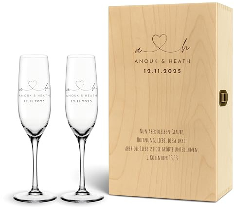 VILLA ROSA LOTTA - Personalisierte Leonardo Sektgläser in gravierter Holzkiste - Hochzeitsgeschenk für Brautpaar, Geschenk zur Hochzeit, Verlobung - Name, Datum, Spruch (Sekt + Kiste)