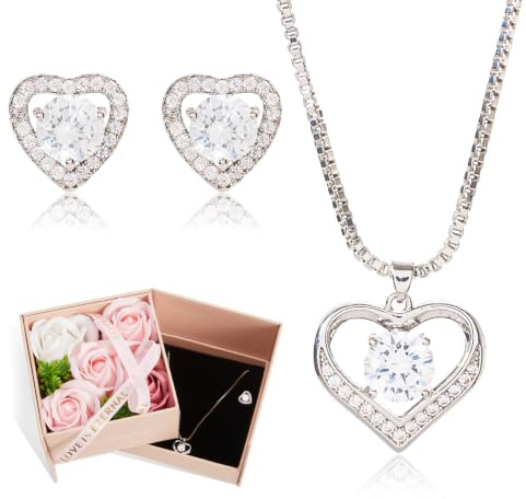 DN DECONATION Parure de bijoux avec pendentif rose éternelle et cœur - Collier et boucles d'oreilles en acier inoxydable avec zircone - Dans une boîte cadeau - Pour femme - Pour la Saint-Valentin, un
