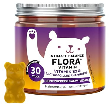Bears with Benefits - Gummibärchen Riboflavin- Intimwohlbefinden - 30 Stück | Intimate Balance Flora Vitamin - Vitamin C, Ananaspulver, Probiotika - Vorrat für 1 Monat - Ohne Zuckerzusatz, Vegan