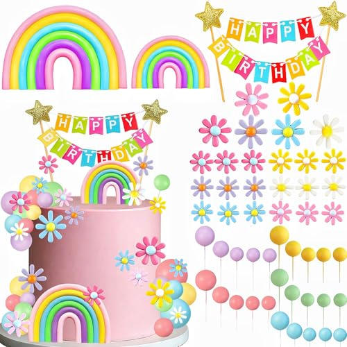 Zosutetoxo 52-Piece Rainbow Cake Decoration Set Birthday with Flowers and Balls Cake Topper for Baby Shower Wedding
