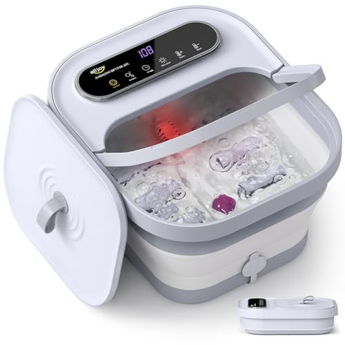 ALLJOY Bain de Pieds Massant Pliable avec Chauffage, Bulle, Bain de Pieds Bouillonnant Spa 24 Température, Pierre Ponce, 6 Minuteries, 6 Rouleaux de Massage Shiatsu, Lumière Rouge Cadeau Homme Femme