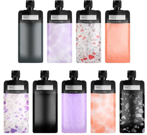 9PCS Travel Liquid Container Set - Refillable Travel Pouches for Toiletries, 3oz TSA Approved Squeeze Pouches, Travel Shampoo Skin Care Containers