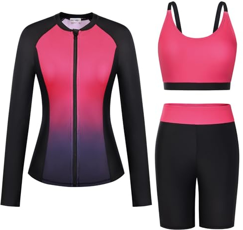 GRACE KARIN Traje de baño de 3 piezas para mujer, camiseta de protección contra erupciones integrada, manga larga, cremallera frontal, traje de baño para playa y surf, Rosa roja: degradado, XXL