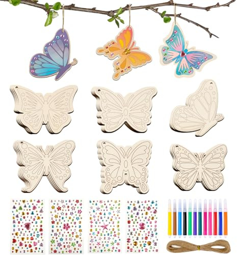 ARTREE Juego de manualidades para niños, mariposas para pintar cumpleaños infantiles, 24 colgantes de madera, juego de bricolaje para niñas a partir de 4, 5, 6, 7, 8, 9, 10 años, set creativo para