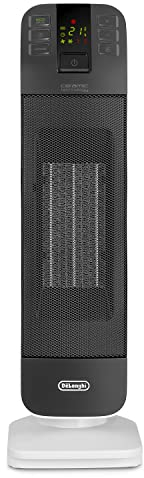 De'Longhi HFX65V20 Termoventilatore a Torre, Tecnologia Ceramica, Silenzioso, 2 Livelli di Potenza, TIMER 24H, Funzione Eco-Energy, Luce, Anti-ribaltamento, Leggero, Bianco/Grigio