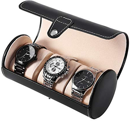 Watch Rolls, Jewelry Gift Box, Watch Roll, 3 Grids Cylinder Watch Roll Holder Wristwatch Display Case Jewelry Gift Storage Box (Black)