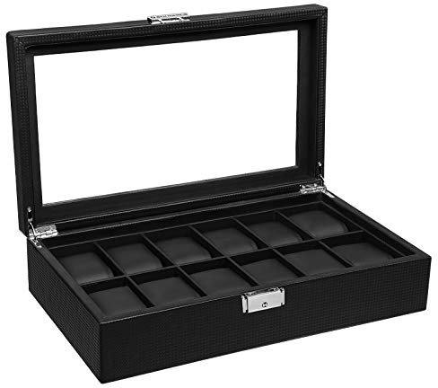 SONGMICS Uhrenbox mit 12 FÄchern, großer Uhrenkasten mit Glasdeckel, mit PU-Bezug, Samt-Innenfutter, Metallverschluss, tolles Geschenk fÜr die Liebsten, 36,2 x 9 x 21,3 cm, schwarz, JWB302H