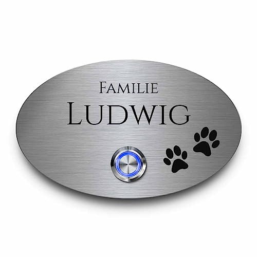Edelstahl Türklingeln mit individueller Gravur - Klingel Modell Ludwig 13x8 cm und einem Premium LED Klingelknopf Taster | Klingelschilder optional mit schönen Acrylplatten | Gravierte Klingelplatte