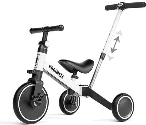 KORIMEFA Triciclos para Niños, 4 en 1 Una Bici Multifunción, Adecuado para niños de 1-3 años,Triciclo,Bicicleta,Carro de Equilibrio,Caminante, Altura del Asiento Regulable (Blanco(con Mango))